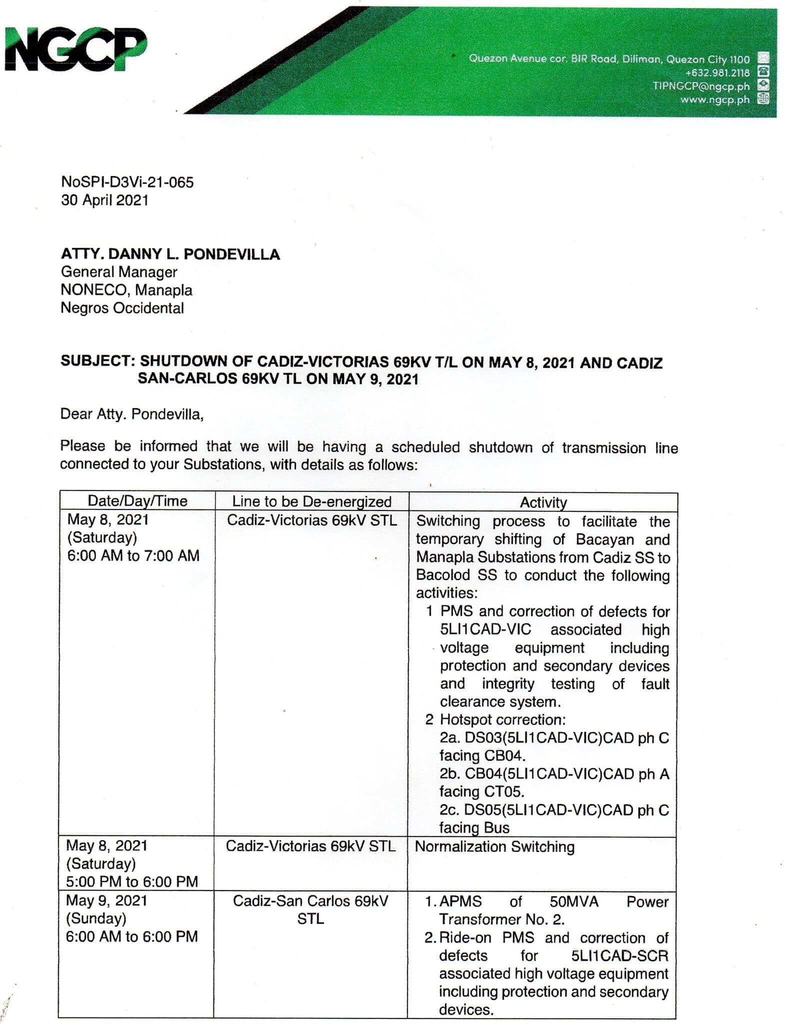 NGCP SCHEDULED POWER INTERRUPTION ON MAY 8, 2021, AND MAY 9, 2021