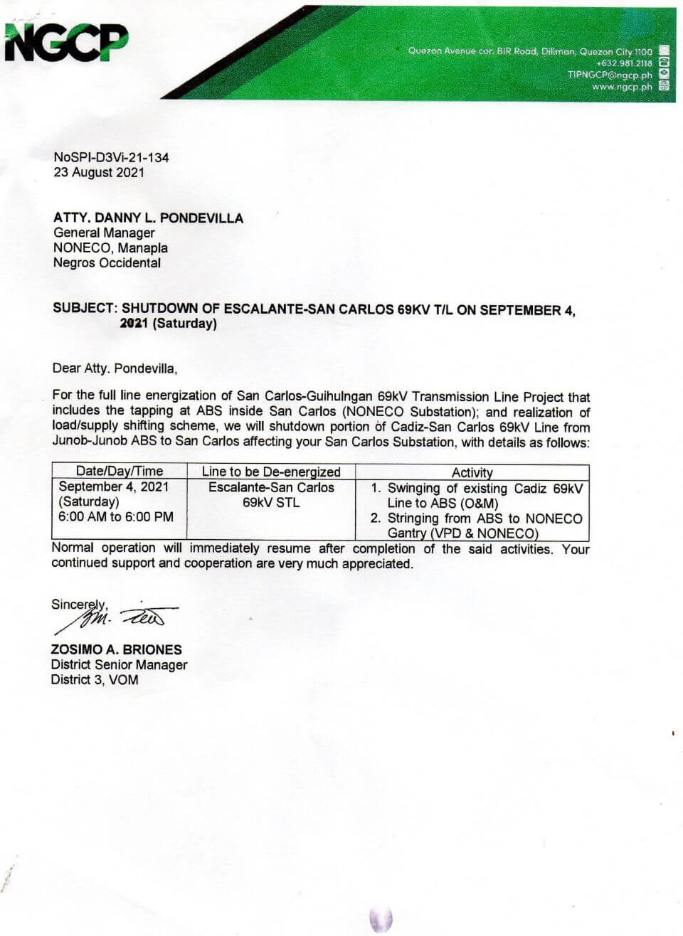 NGCP SCHEDULED POWER INTERRUPTION ON SEPTEMBER 4, 2021