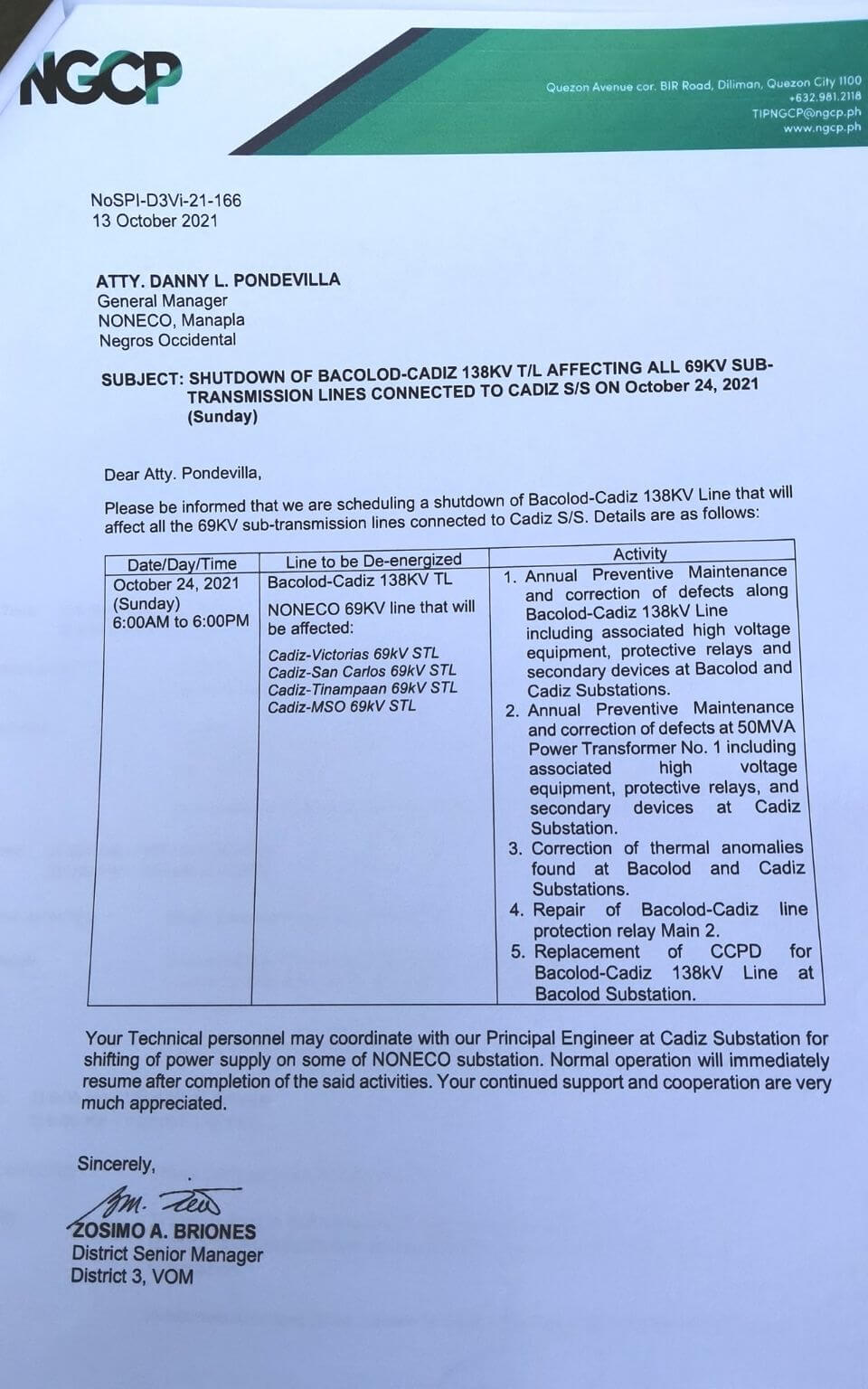 NGCP SCHEDULED POWER INTERRUPTION- October 24, 2021